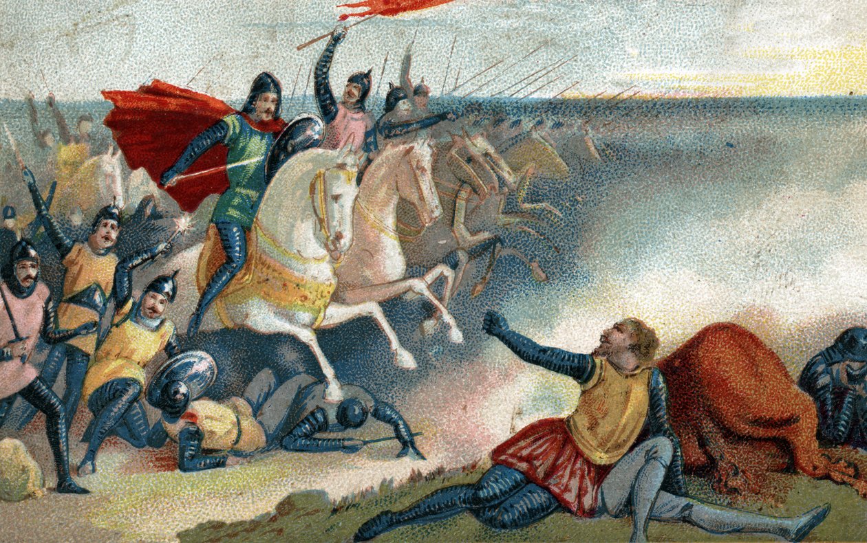 A Batalha de Hastings em 14-10-1066 entre os Saxões de Harold II e o Norman Armee (Guilherme I, o Conquistador). Cromolitografia do final do século XIX. de French School