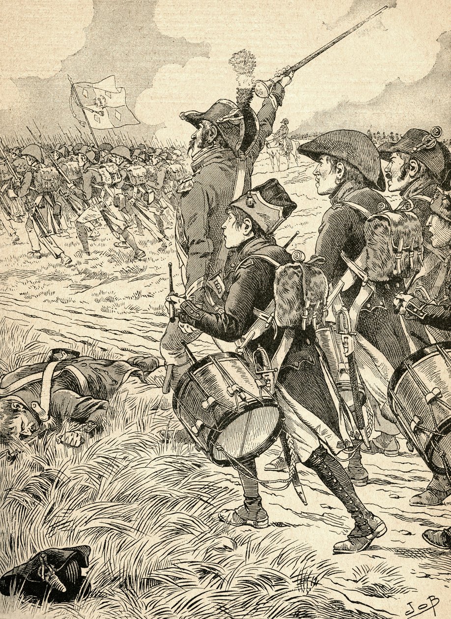 A Batalha de Marengo, Itália em 1800, lutou entre as forças francesas sob o comando de Napoleão Bonaparte e os austríacos. Da Agenda Buvard du Bon Marche publicada em 1917. de French School