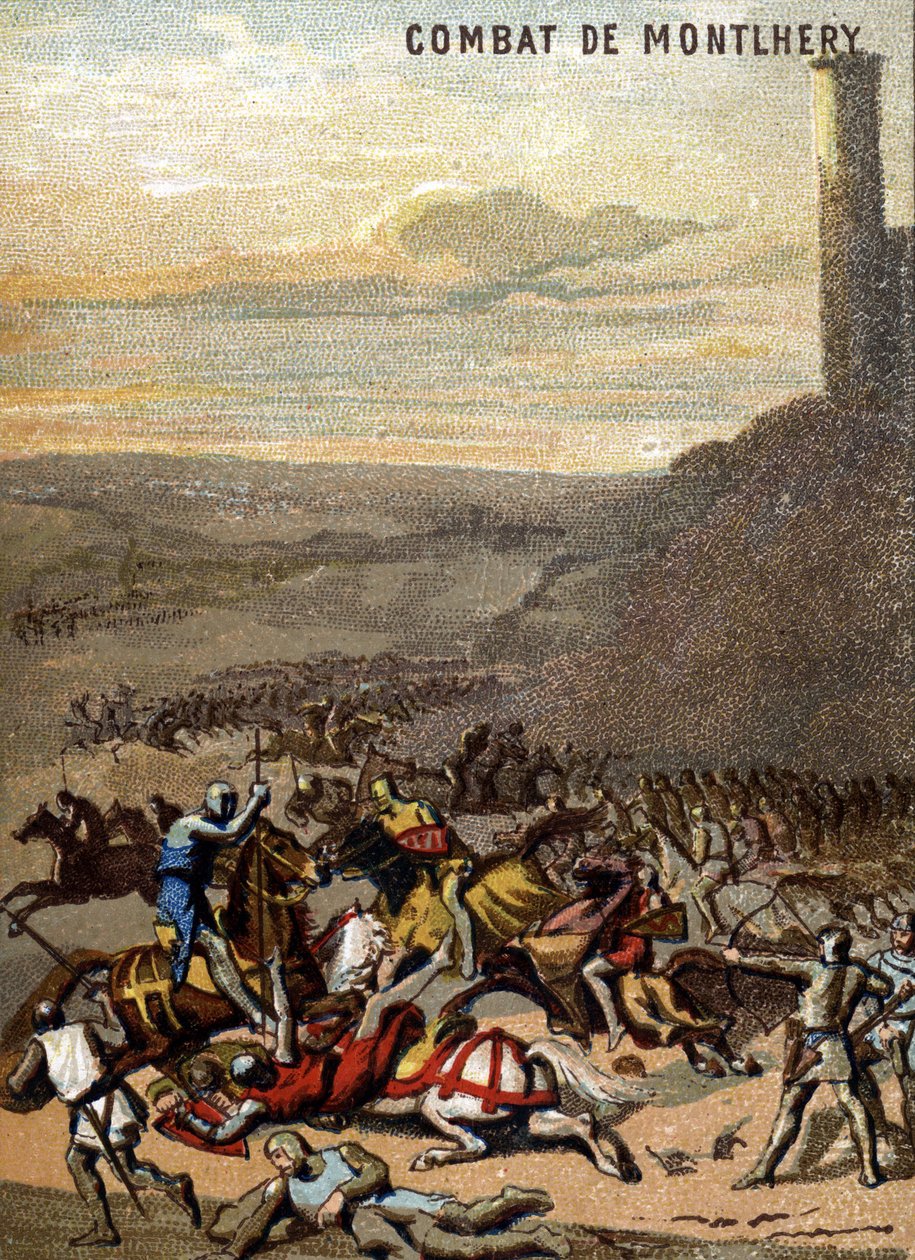 A Batalha de Montlhery (1227): Os reinos e o feodalita - Blanche de Castille, regente de seu filho Luís IX - matam a revolta do grande feudal. Cromolitografia da série "Educação Patriótica pela Imagem". de French School