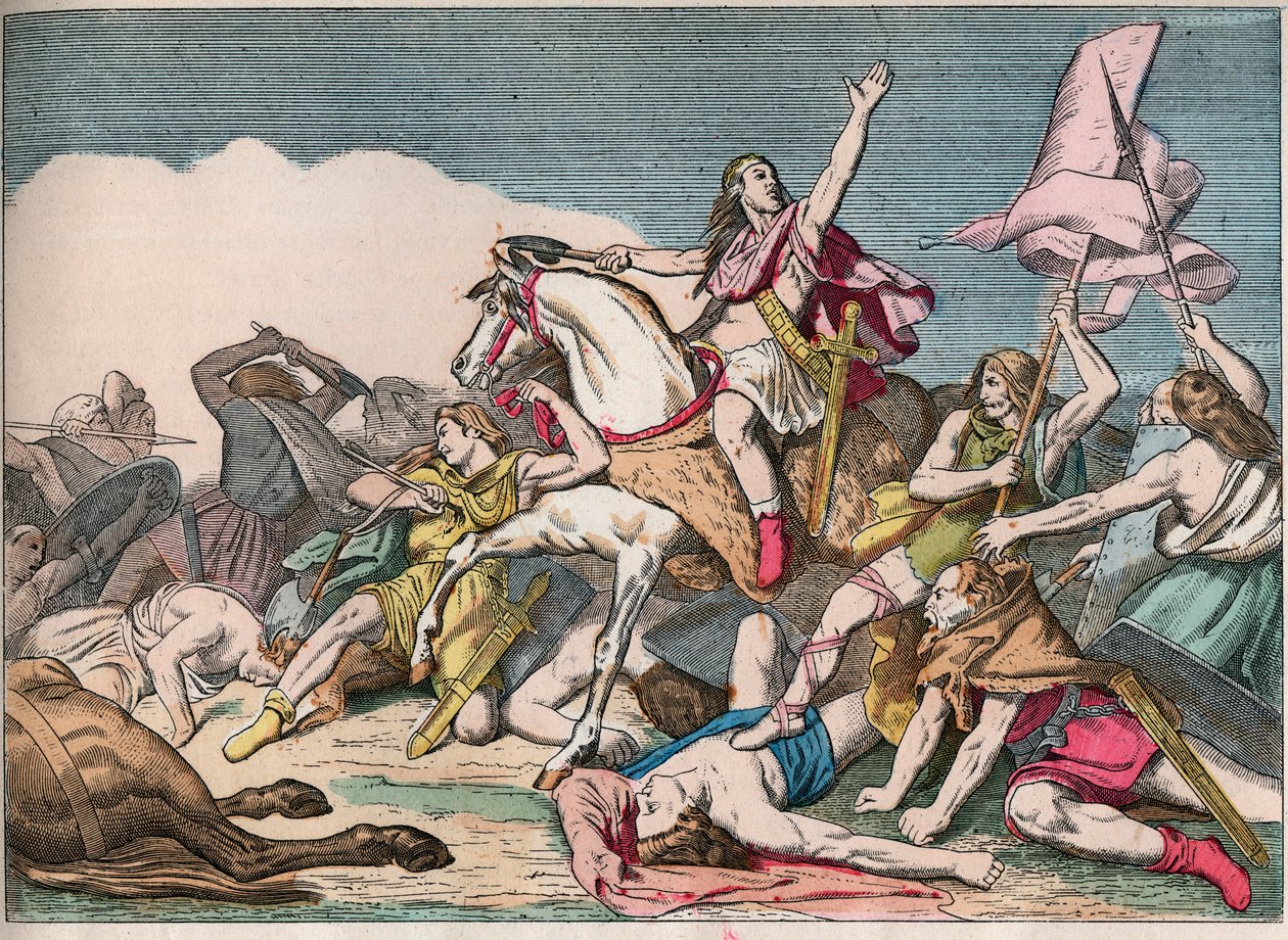 A Batalha de Tolbiac, vitória de Clovis (466-511) sobre os Alamans (496) - Clovis I (466-511) na Batalha de Tolbiac, 496 d.C. - Gravação do final do século XIX em "Nos Gires Nationales - Images et recits" de French School