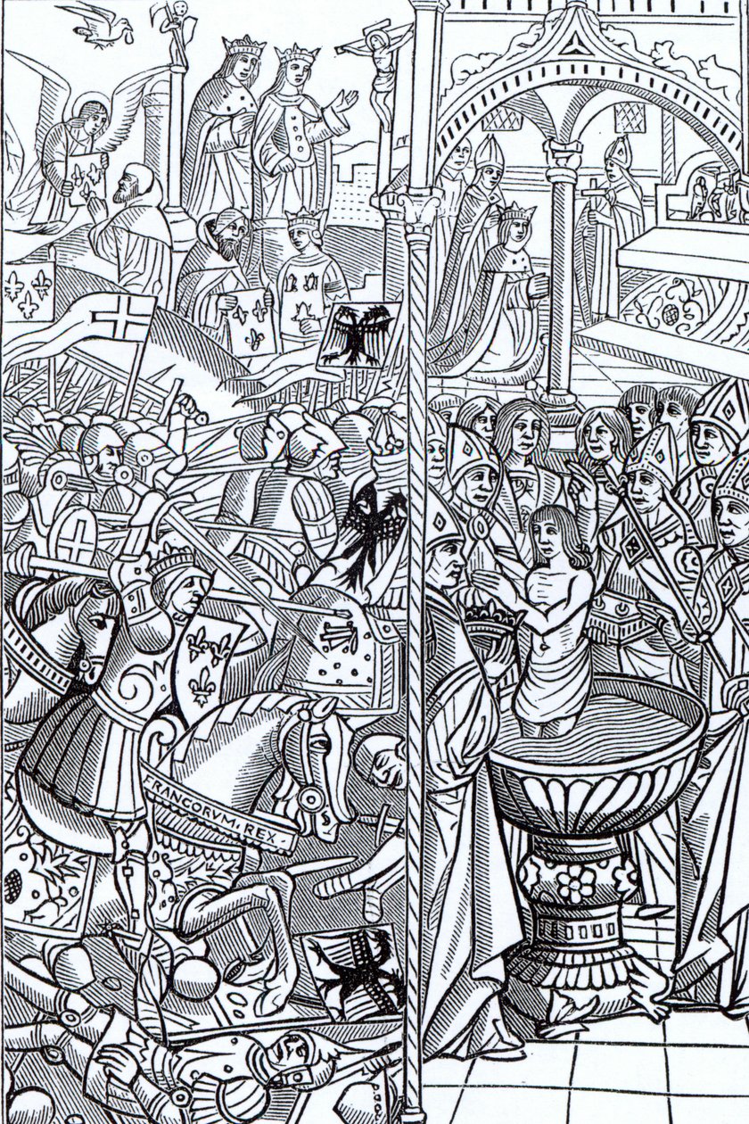 A Batalha de Tolbiac e O Batismo do Rei Clovis, de &39;Mirouer Historial de France&39;, publicado em 1516 de French School