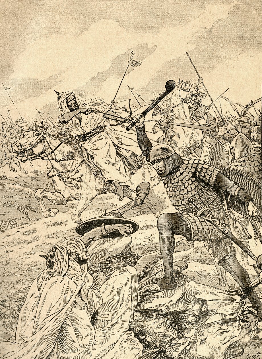 The Battle of Tours aka The Battle of Poitiers, 732. Da Agenda Buvard du Bon Marche publicada em 1917. de French School