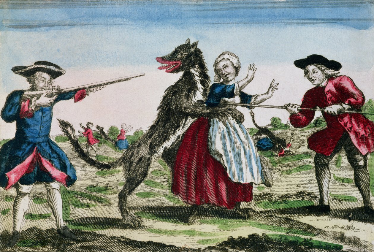 A Besta de Gevaudan, publicada por Basset, 1764 (gravura a cores) de French School