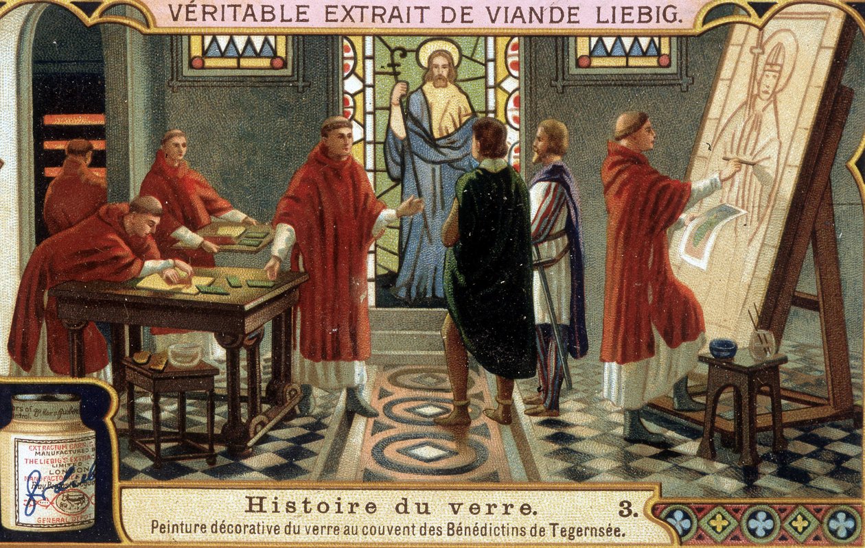 Os monges beneditinos do Convento de Tegernsee em Baviere (Alemanha) decoram o vidro. Cromolitografia de Liebig do século XIX. de French School