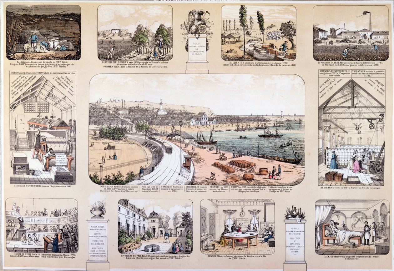 Os benfeitores da humanidade, placa representando grandes invenções, 2ª metade do século XIX (gravura a cores) de French School