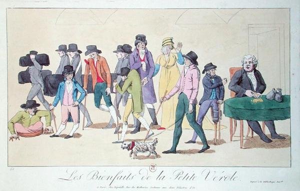 Os benefícios da varíola, caricatura, c.1804 (gravação a cores) de French School