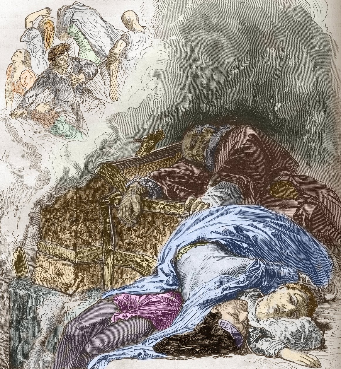 A peste negra: matança de judeus, 1348, ilustração da Histoire-populaire-de-France por Charles Lahure, 1866 (gravura colorida à mão) de French School