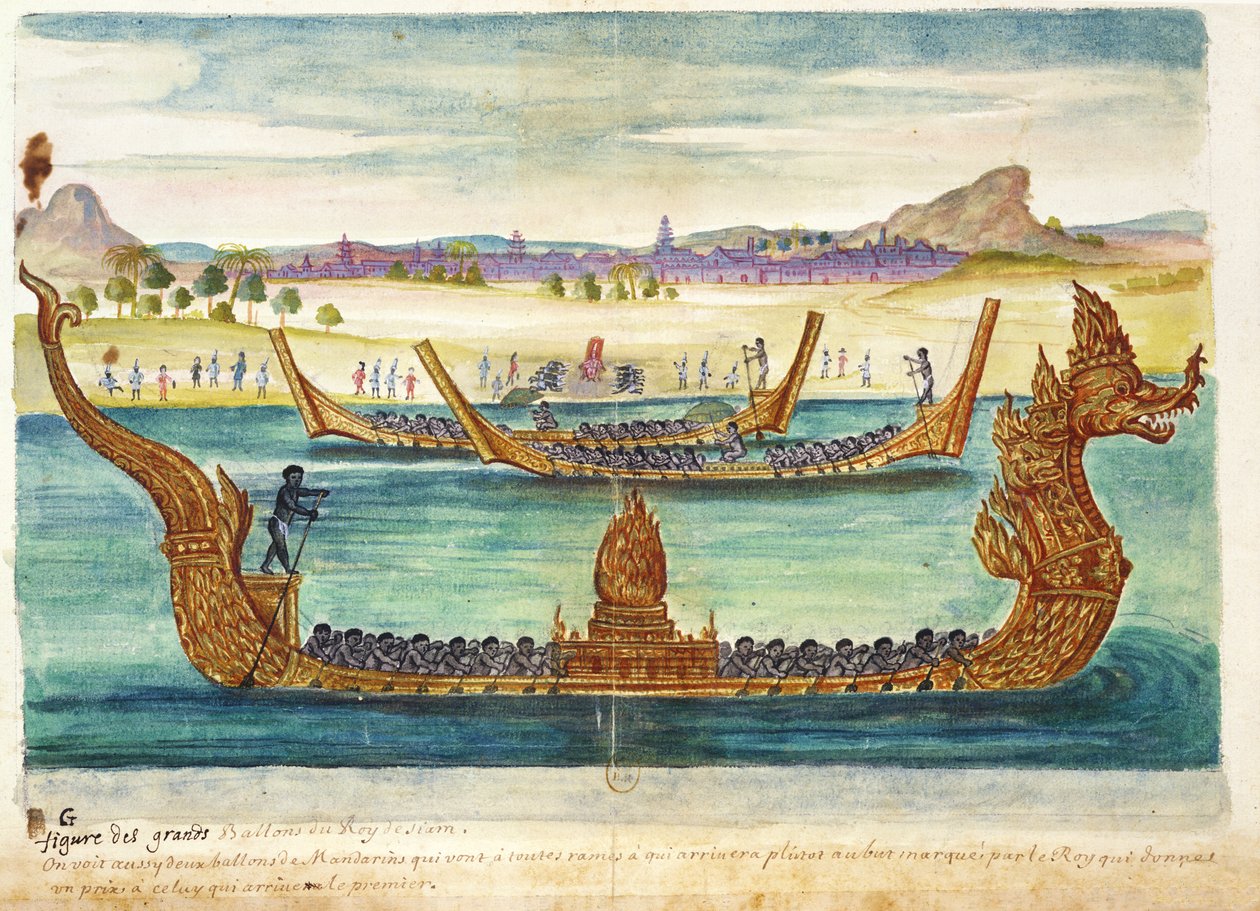 Os Barcos do Rei do Sião, de um relato dos jesuítas no Sião, 1688 (wc no papel) de French School