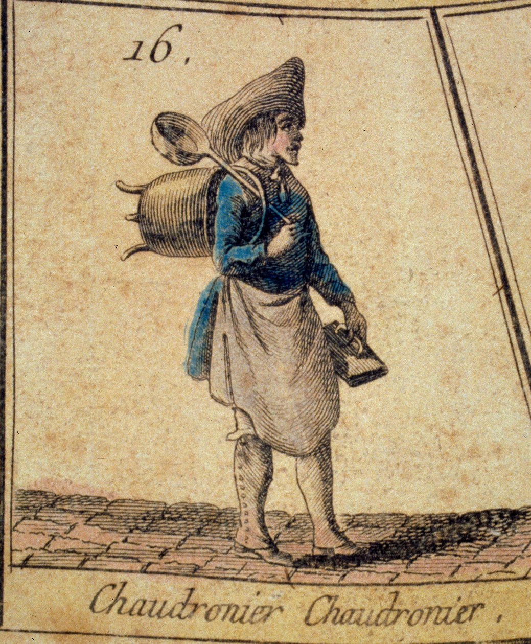 O Caldeireiro Detalhe de um jogo do ganso dos gritos e dos velhos metiers de Paris. Colecção Privada do século XVIII de French School