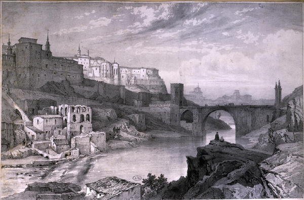 A Ponte de Alcântara, Toledo (lápis sobre papel) de French School