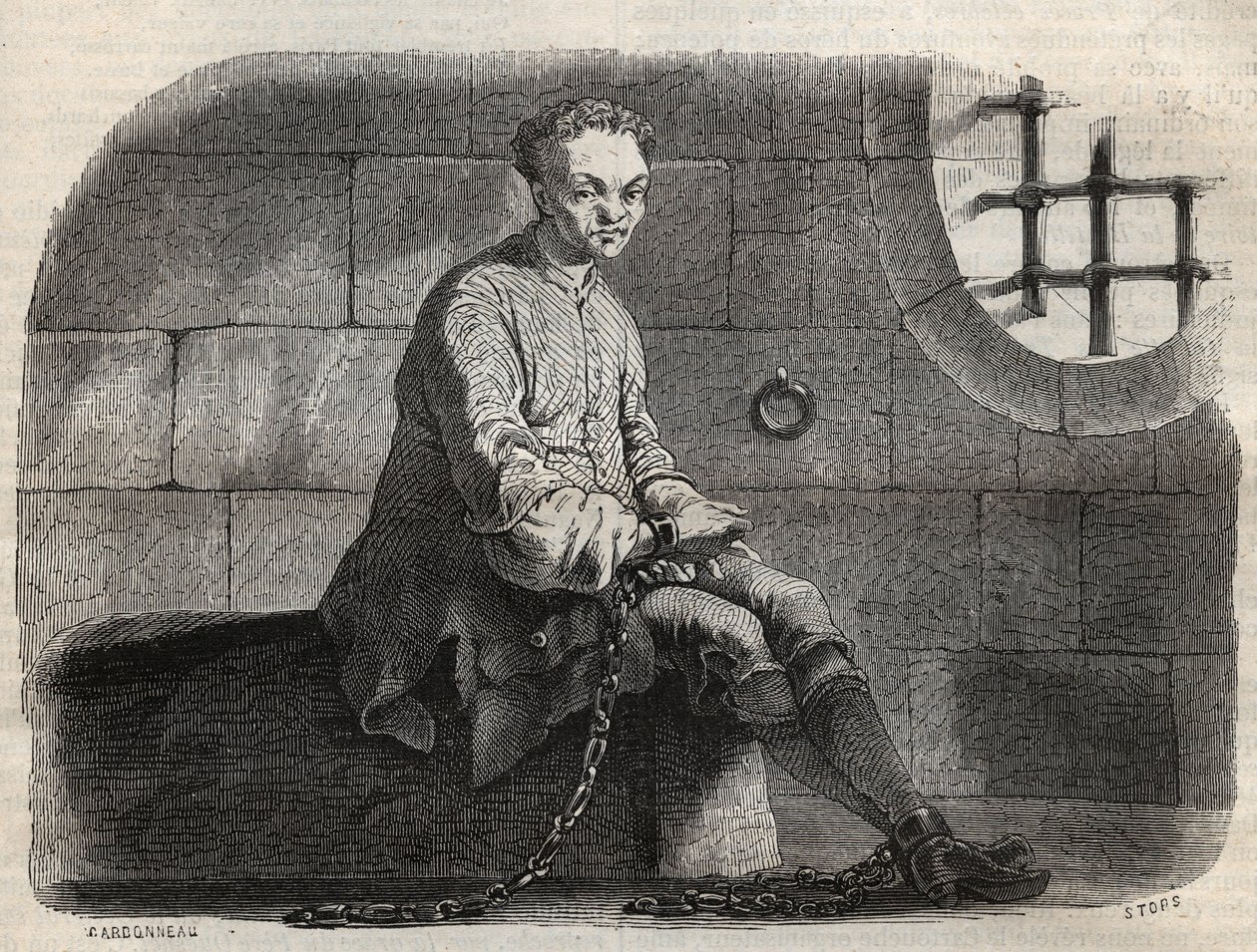 O Brigand Louis Dominique Garthausen dit Cartridge (1693-1721) na prisão - Gravação em "Causes celebres de tous les peuples" de Armand Fouquier (1817-18?) 1858-1867 - coleção particular de French School