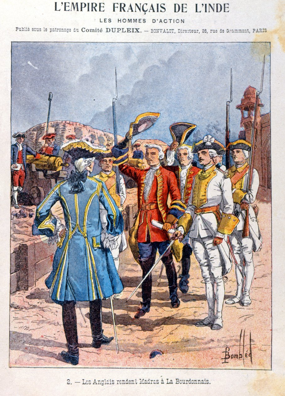 Os britânicos entregam Madras ao comandante francês Mahe de la Bourdonnais em 21 de setembro de 1746, capa do livro de exercícios da escola, c.1900 de French School