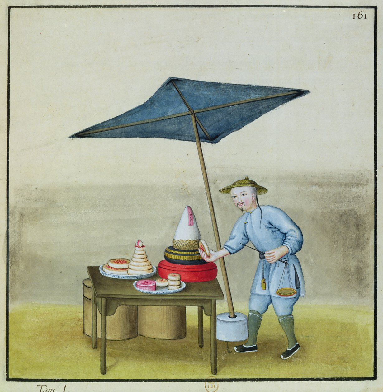 The Cake Seller, de um livro sobre as chamadas de rua de Pequim, c.1785 (wc e guache sobre papel) de French School