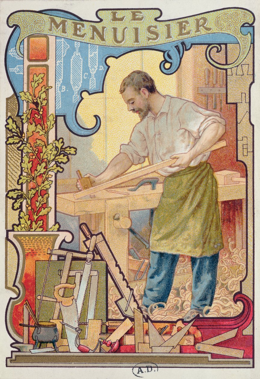 O carpinteiro, ilustração de um livro sobre o artesanato, c.1899 de French School