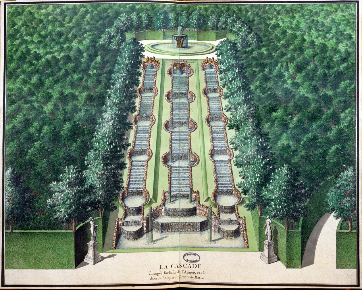 A cascata, alterada no final de 1706, no bosque na colina, de jardins de Marly, início do século XVIII (wc no papel) de French School