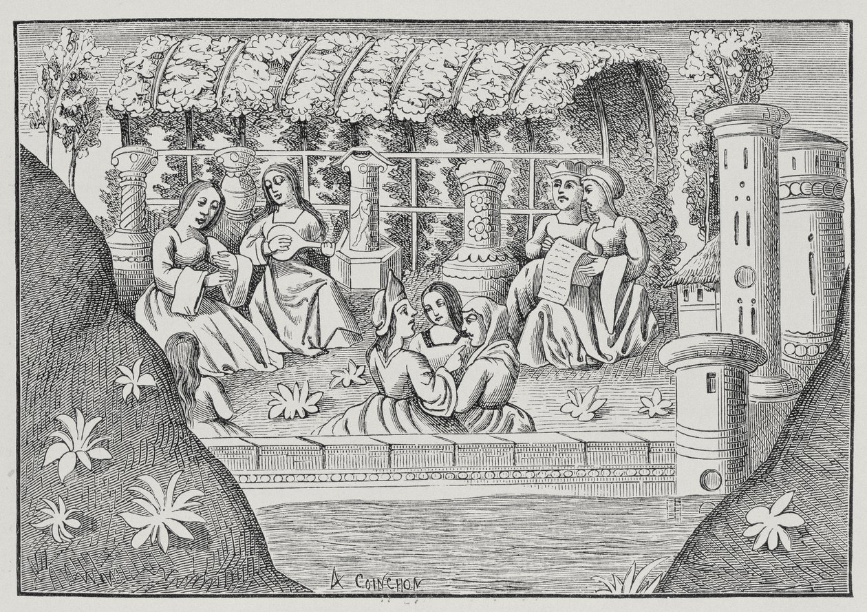 O Castelo de Alamond e seus Encantos, de The Travels of Marco Polo, copiado por Albert Coinchon (d.1871) do manuscrito original de French School