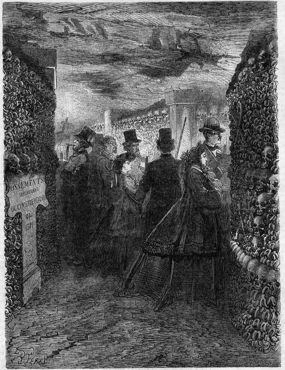 As Catacumbas de Paris, em 1865: Uma visita às galerias do Ossuaire. de French School
