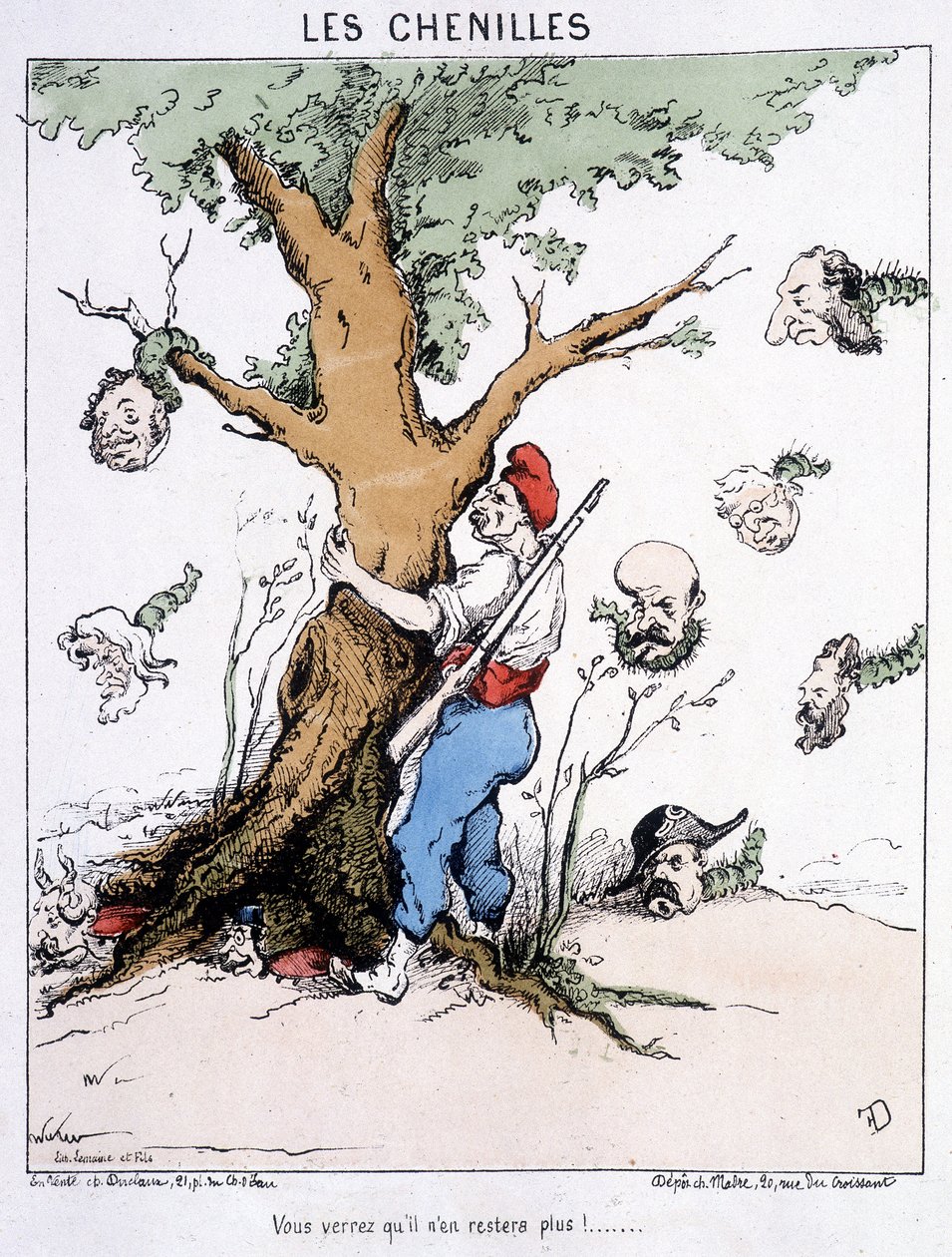 As Lagartas: "Você verá que não haverá mais" (um homem usando um boné frígio sacode uma árvore da qual caem lagartas de cabeça grande: Lagartas, etc.). Desenho animado sobre a comuna. de French School