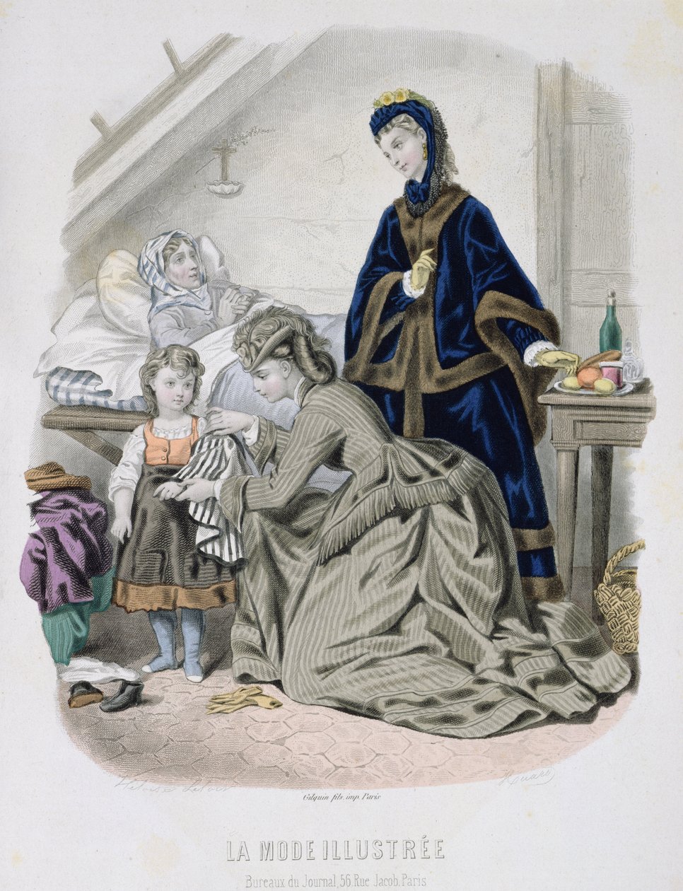A visita de caridade, ilustração de La Mode Illustree, c.1870 (gravura a cores) de French School