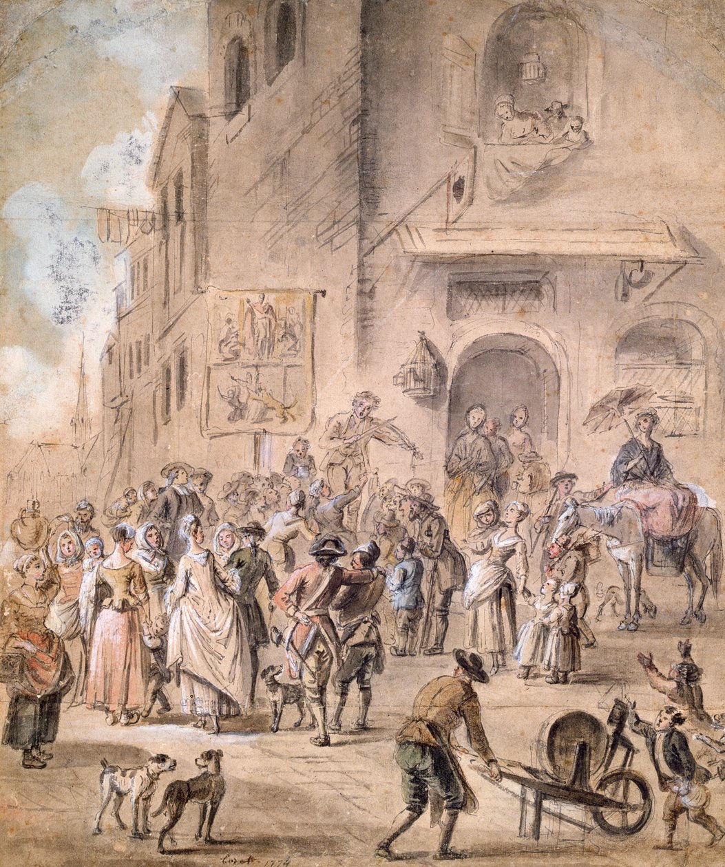 O Charlatan, 1774 (caneta e tinta e wc no papel) de French School
