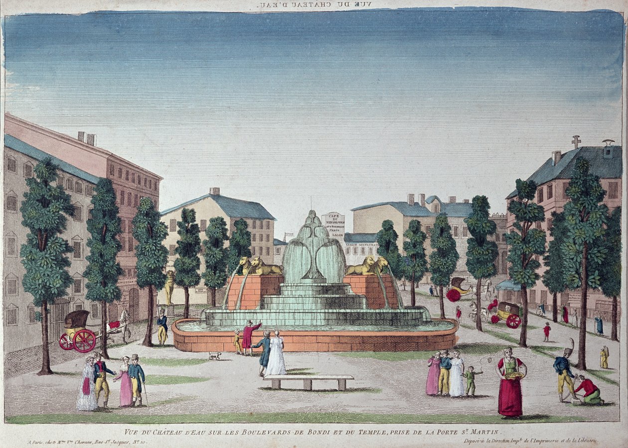 A fonte Chateau dEau no Boulevard du Temple, Paris (gravura a cores) de French School