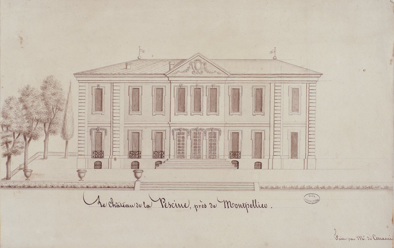 O Chateau de la Piscine, perto de Montpellier, desenhado por Monsieur de Cenani (lápis e tinta sobre papel) de French School