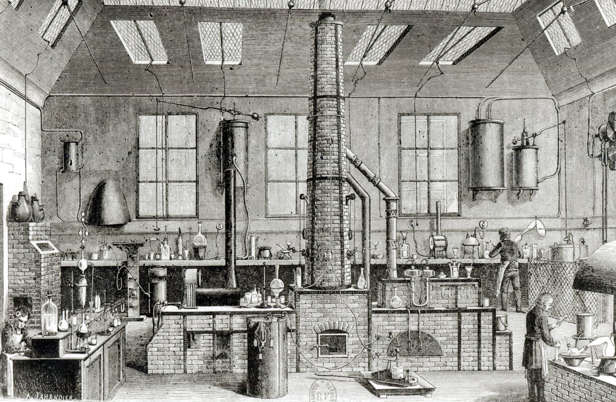 O Laboratório de Química de uma Escola em Paris, de Almanach du Magasin Pittoresque, 1870 de French School