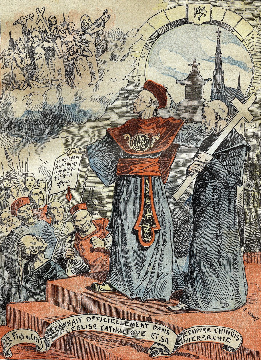 O Imperador chinês Guangxu (Kouang-siu ou Kouang Siu) (1872-1908) reconheceu oficialmente a Igreja Católica e a sua hierarquia. Gravura em "Le Pelerin" 25/05/1899. de French School