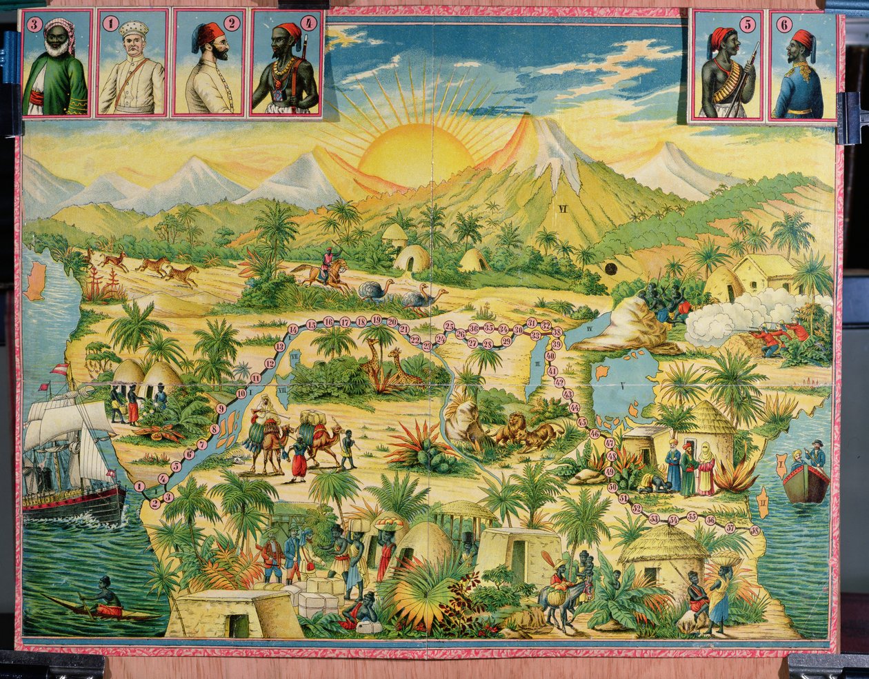 A Conquista da África, jogo de tabuleiro baseado nas viagens de Sir Henry Morton Stanley (1841-1904) e David Livingstone (1813-73) (gravura a cores) de French School