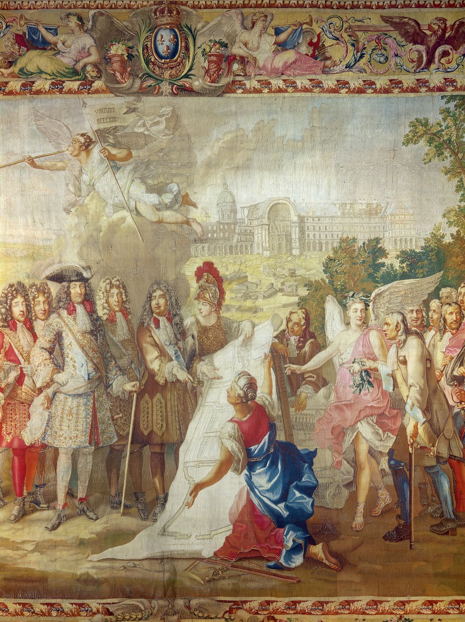 A construção de Les Invalides em 1670, detalhe central de A História do Rei, depois de Adam Frans Van der Meulen (1632-1690) e Charles Le Brun (1619-90) Gobelins Workshop de French School