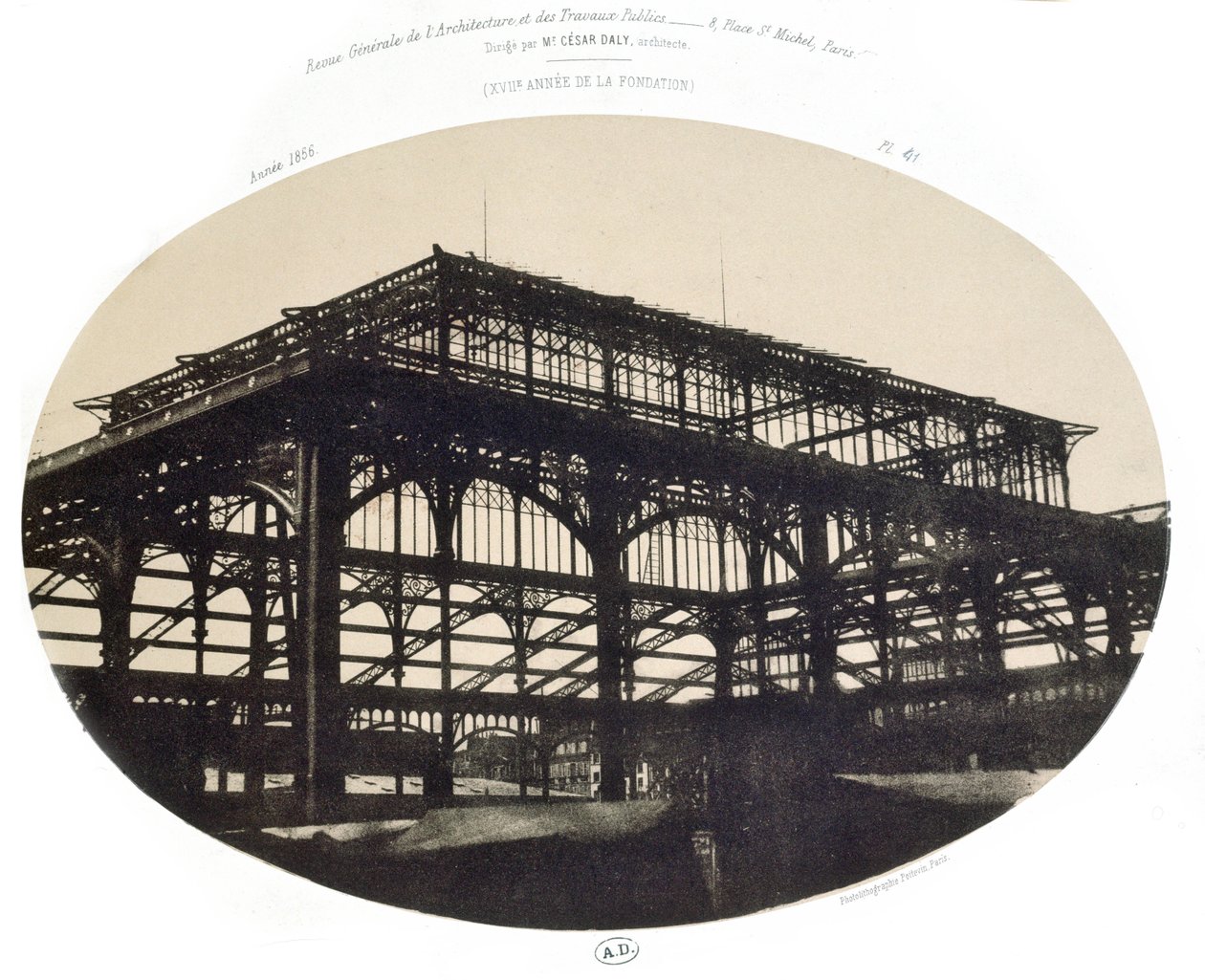 A Construção das Salas do Mercado Central, da Revista Geral de Arquitetura e Obras Públicas, 1856 (foto litográfica) de French School