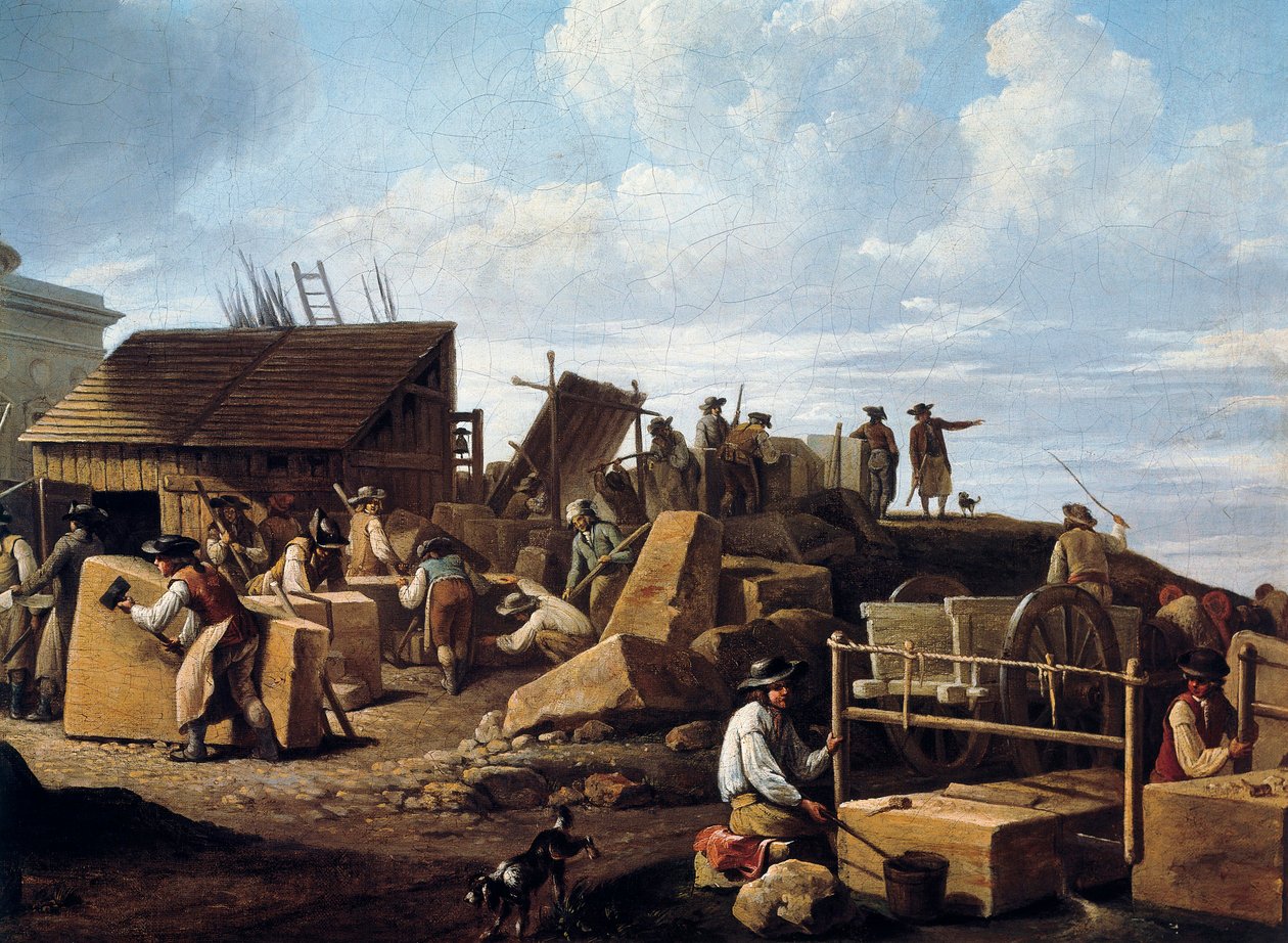A Construção do Hotel de Salmão, Paris (detalhe), em 1786 (óleo sobre tela) de French School