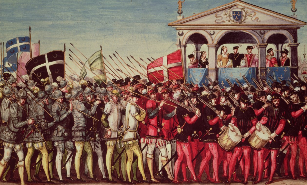 O Cortege de bateristas e soldados no Festival de Entrada Real de Henri II (1519-59) em Rouen, 1º de outubro de 1550 de French School