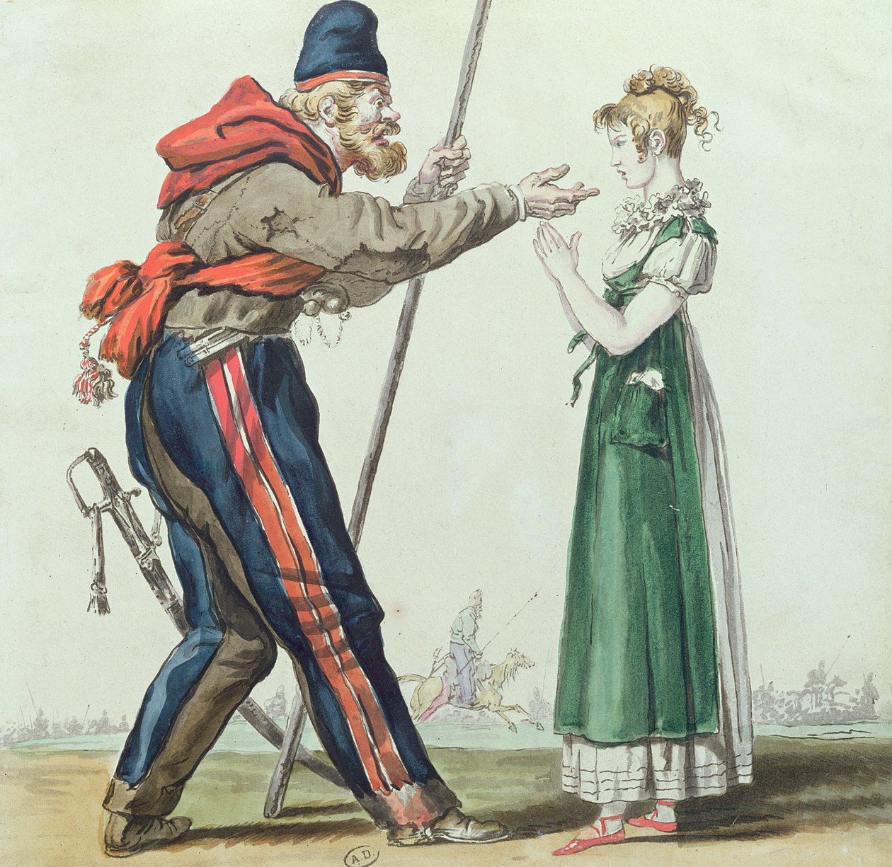 O cossaco em Paris, c.1815 (caneta e tinta e wc no papel) de French School