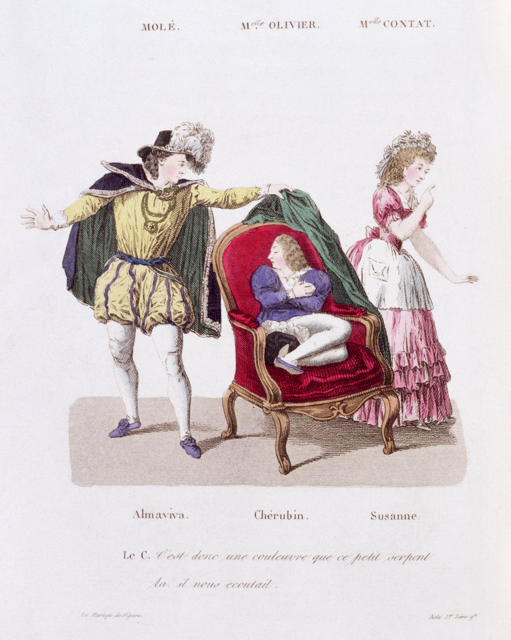 O Conde Descobre Querubim, Ato I Cena 9 de O Casamento de Figaro de Pierre Augustin Caron de Beamarchais (1732-99) de French School
