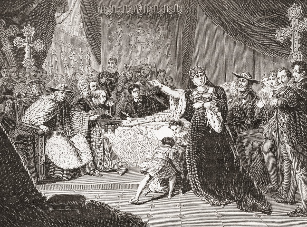 O Tribunal para o Julgamento da Rainha Katharine por George Henry Harlow, representando a Sra. Siddons como Rainha Katharine no Henrique VIII de Shakespeare. De Histoire des Peintres, École Anglaise, publicado em 1867 (litho) de French School