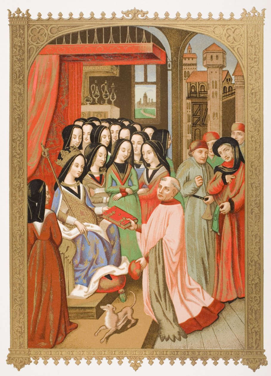 O corte de Maria de Anjou (1404-63) fac-símile de uma miniatura de &39;Doze Perigos do Inferno&39;, de &39;Le Moyen Age et La Renaissance&39;, de Paul Lacroix (1806-84), publicado em 1847 de French School
