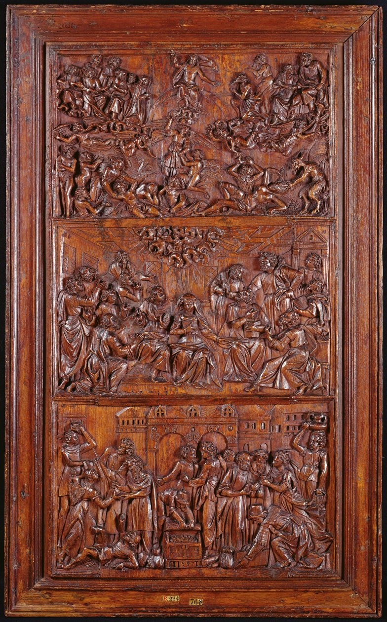 O Credo, Painel III: O Juízo Final, Pentecostes e a Comunhão dos Santos, 1587 (madeira) (ver também 4140367 e 414039) de French School