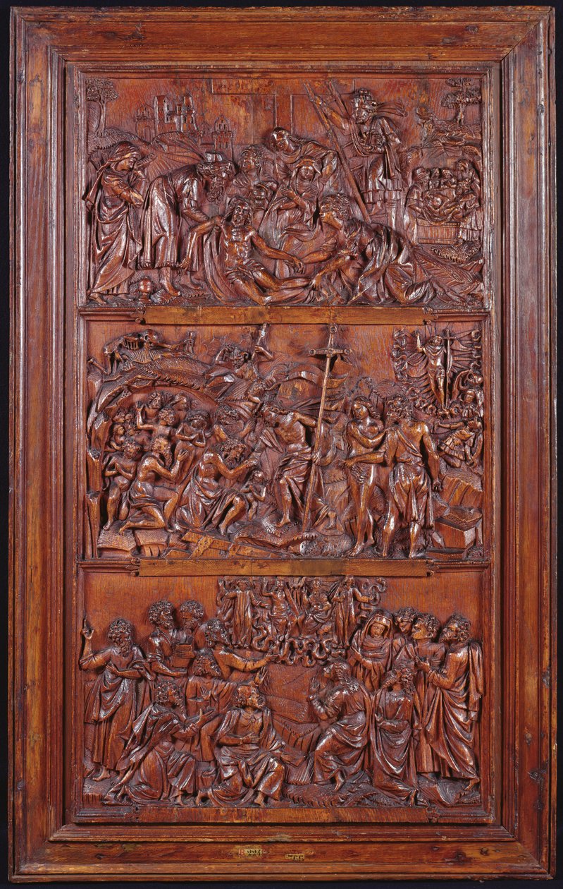 O Credo, Painel II: Decsente da Cruz, Sepultamento, Ressurreição e Descida no Limbo e Ascensão, 1587 (madeira) (ver também 414036, 4140389) de French School