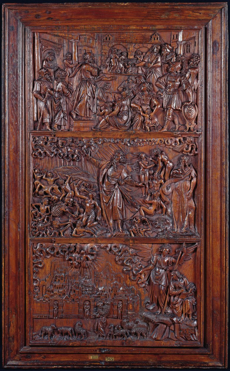 O Credo, Painel IV: A Remissão de Pecados, Ezequiel Visão dos Ossos Secos e Visão de São João de Jerusalém, 1587 (madeira) (ver também 414036-8) de French School
