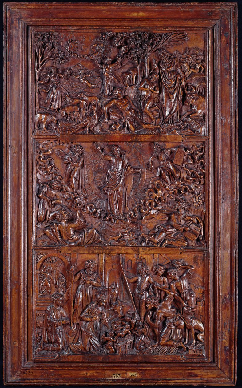 O Credo, Painel I: A Criação do Mundo, Transfiguração, Anunciação e Natividade, 1587 (madeira) (ver também 414037-9) de French School