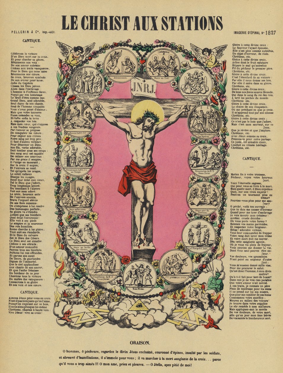 A Crucificação de Jesus e a Via Sacra (litografia a cores) de French School