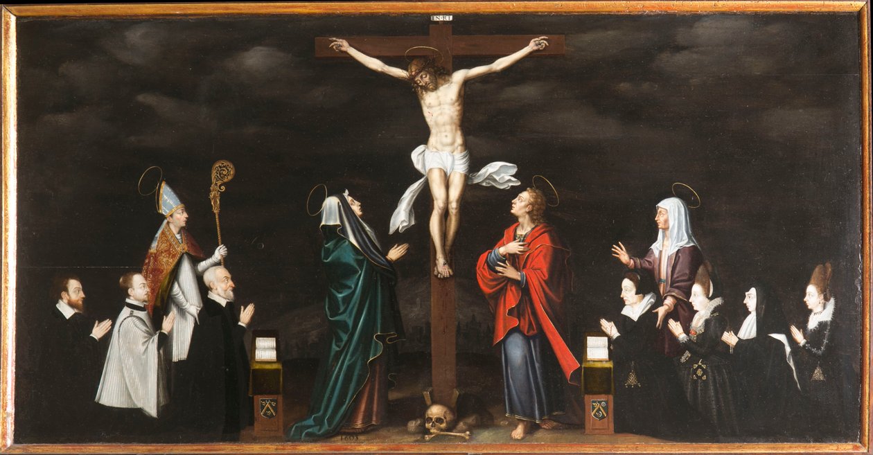 A Crucificação, retratos de doadores. Tríptico de Aubery de French School