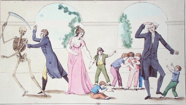 The Dangers of the Vaccine, c.1800-04 (gravação a cores) de French School