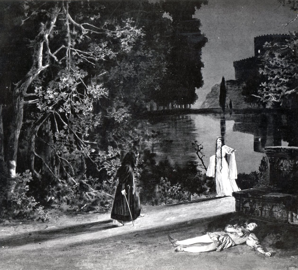 A morte de Pelleas, ato IV, cena 4 de Pelleas et Melisande por Debussy, de uma fotografia da primeira produção em abril de 1902 da ópera na Ópera-Comique em Paris, ilustração no teatro m de French School