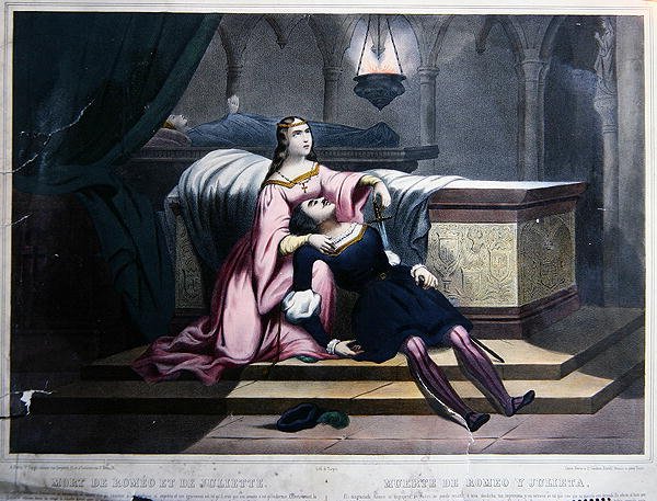 A Morte de Romeu e Julieta, c.1830 (cor litho) de French School