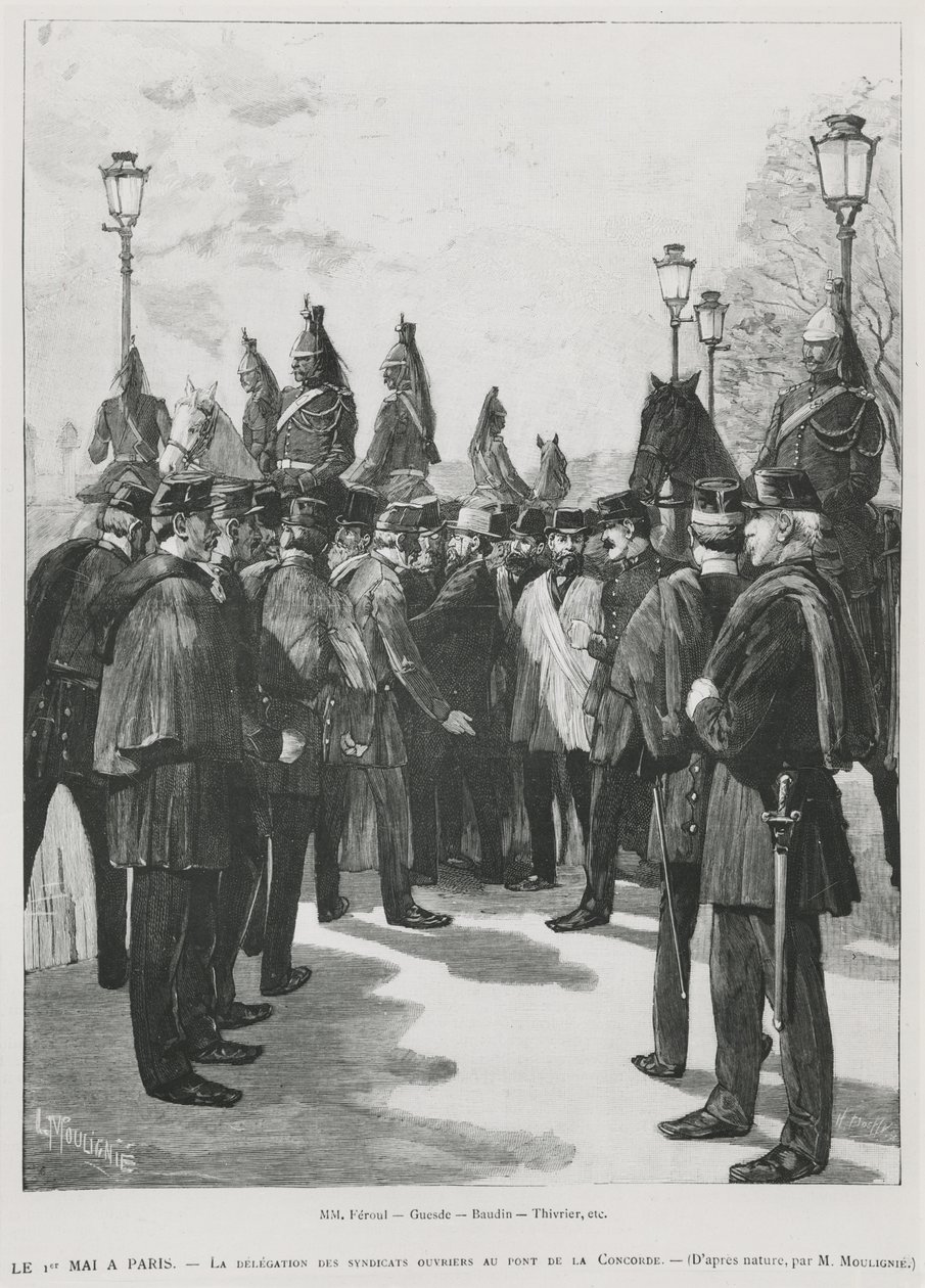 A Delegação dos Sindicatos em Pont de la Concorde durante a manifestação de 1º de maio em Paris, em 1º de maio de 1890, gravada por L. Moulignie, rengraving) de French School