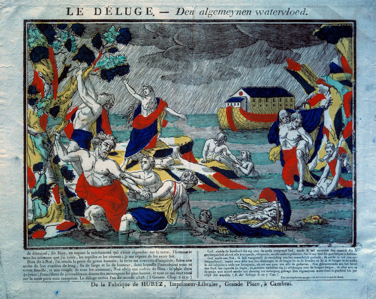 O Dilúvio, a Arca do Noé na Gravura à direita do século XIX. Paris, Museu de Artes e Tradições Populares de French School