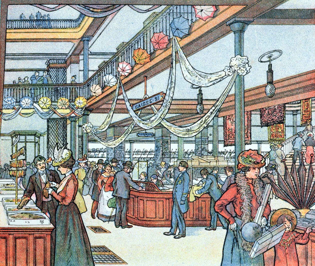 A loja de departamento, ilustração de Cours Schweiter, c.1900 de French School