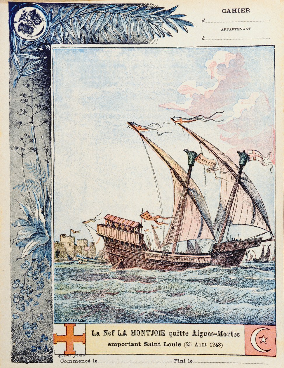 A partida de Saint Louis em seu navio o Montjoie de Aigues-Mortes em 25 de agosto de 1248, ilustração da capa de um livro de exercícios escolares, c.1900 de French School